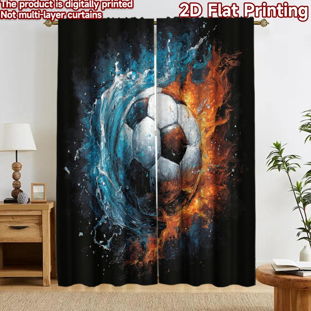 2D flat printing 2pcs Curtain Window Curtains Fiery Soccer Ball Explosion Digital Printed Polyester Drapes Family Party