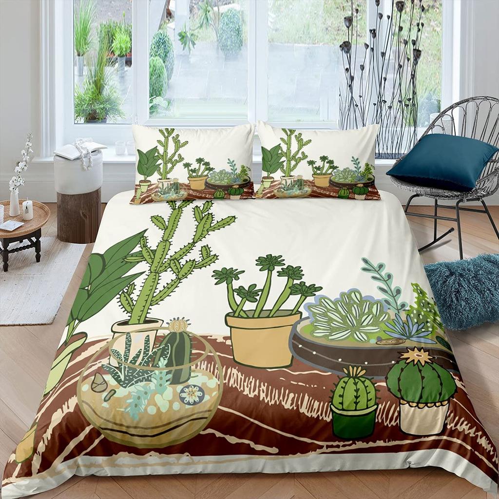 Floral Bedding Set 3pcs Cactus Succulents and Flowers Decor Comforter Cover Plant Soft Polyester Quilt Cover with 2 Pillow Cases