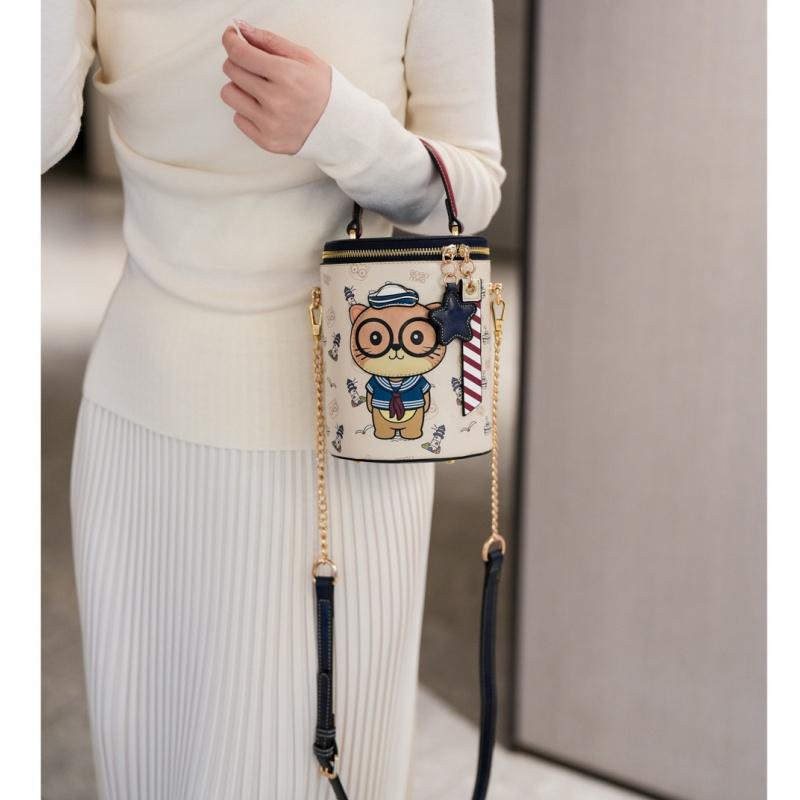 BEIBAOBAO New Cute Cartoon Cat Round Handbags High Texture PU Waterproof Women's One Shoulder Bag Popular Niche Small Basket Bags for Goddess Day Gift