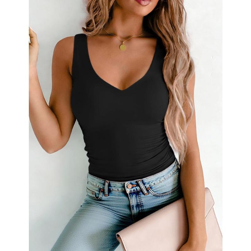 Women Deep V Neck Sleeveless Slim Fit Basic Casual Tank Top