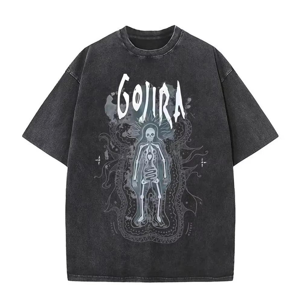 Gojira Drzewo Życia Vintage Acid Wash Dwustronny Graficzny Czarny T-shirt Oversize | Fan Zespołu Progressive Metal Streetwear Merch Koszulka