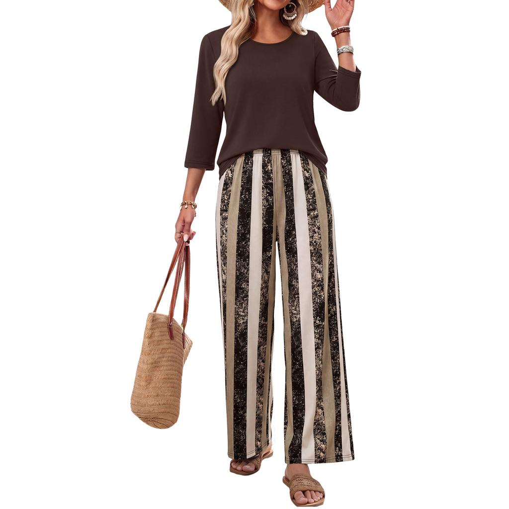 Women Casual Loose Fit Printed Three Quarter Sleeve Round Neck Top with Wide Leg Pants Two Piece Set Comfortable Relaxed Fit