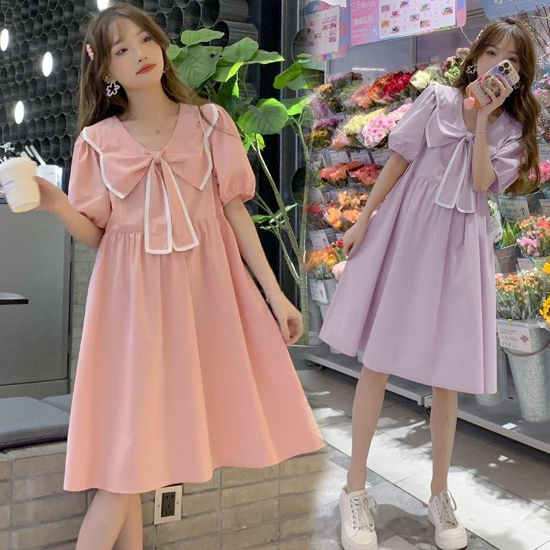 Small Fresh and Sweet Age-reducing Maternity Dress Women's Summer Bow Doll Collar Loose and Thin Large Size Maternity Dress
