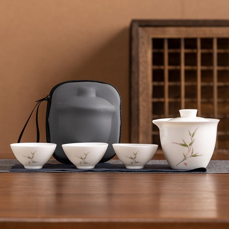Suet jade porcelain high-end travel tea set, a pot of three cups, portable set, light luxury business commemorative holiday gifts