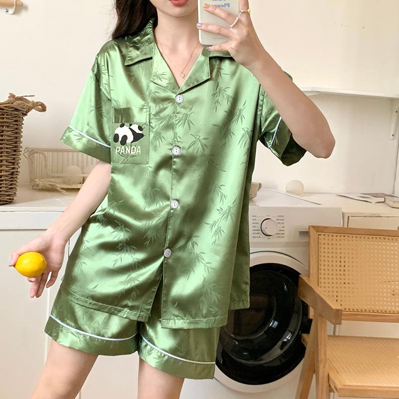 Summer High-End Panda Ice Silk Pajamas Women'S Short-Sleeved Thin Loungewear Suit Can Be Worn Outside