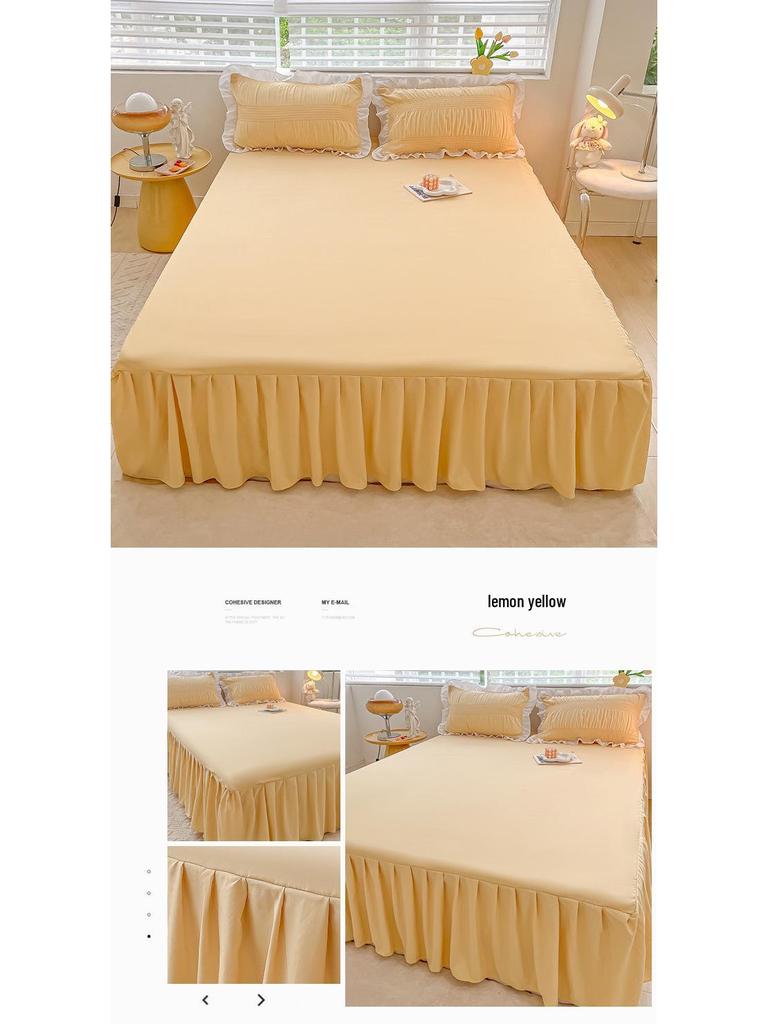 Princess Style Pure Cotton Lace Bed Skirt Set - 3 Piece Non-Slip Washed Cotton for All Seasons