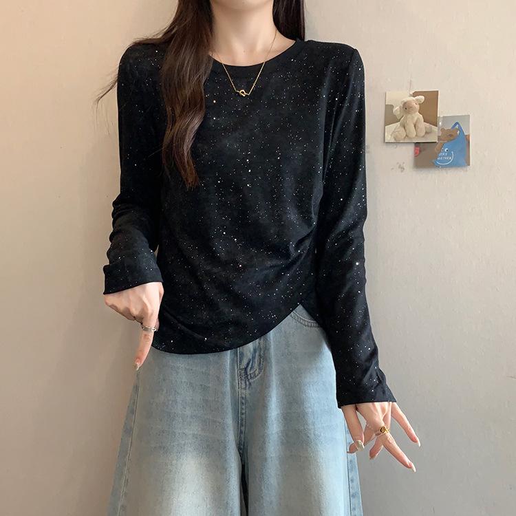 Plus Size Women s Versatile Sequin Velvet Long Sleeve Top with Starry Pattern 2XL чёрный