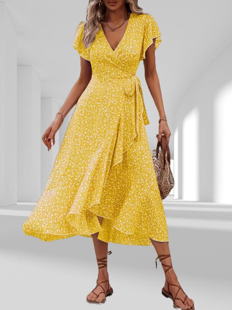 European and American summer floral new vacation short-sleeved temperament waist v-neck wrap dress