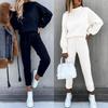 Pulover de toamnă și iarnă pentru femei, cu guler înalt, casual, culoare pură, set din două piese cu pantaloni
