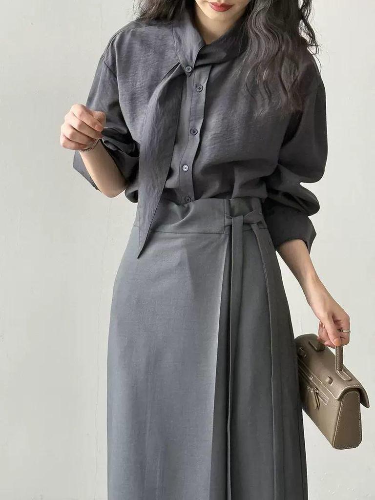 Korean-Style Scarf Collar Women's Long Sleeve Shirt - Spring/Autumn Loose-Fit French Top