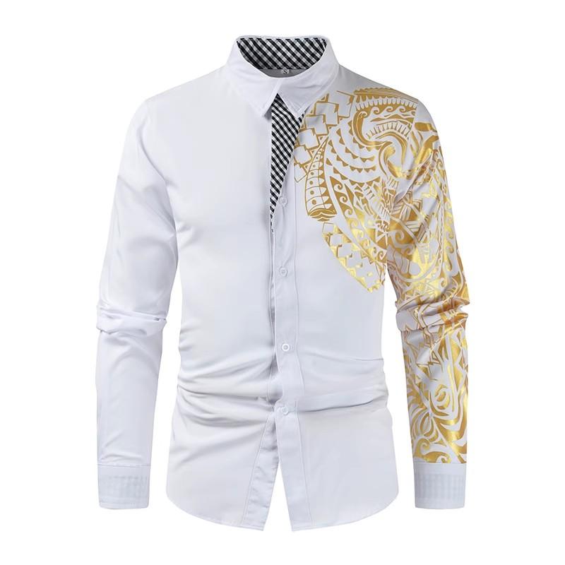 

Мужские деловые рубашки Мужская классическая рубашка Повседневная уличная одежда Черная золотая печать Рубашка с принтом Дизайн отложной воротник Мужские топы XXXL белый