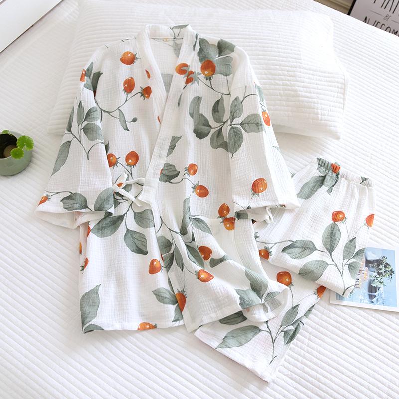 Pijama feminino primavera e verão conjunto de duas peças calças manga três quartos algodão puro crepe renda conjunto de roupa para casa