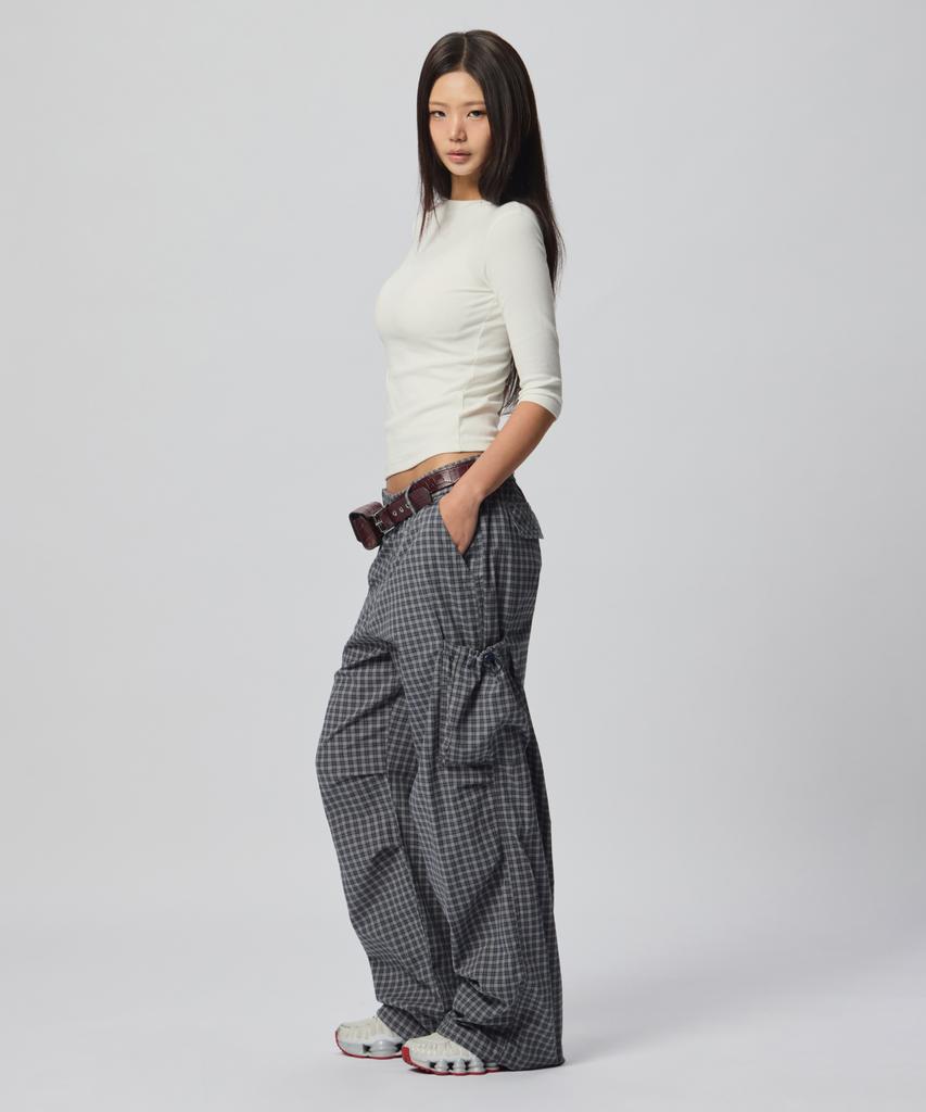 Beodeonteu Check String Cargo Elastic Pants [Navy]