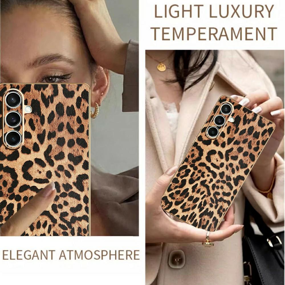 For Samsung Galaxy S24 FE Case Leopard Print PU Leather Coated PC+TPU Electroplating Phone Cover