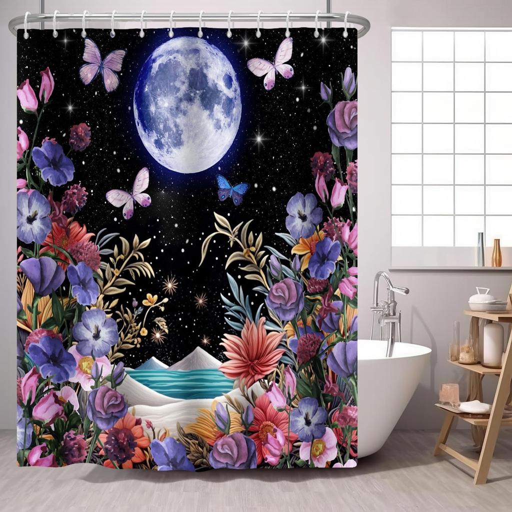1P Colorful Garden Printed Waterproof Shower Curtain Bathe Partition Curtain Privacy Protection Multiple Sizes Machine Washable