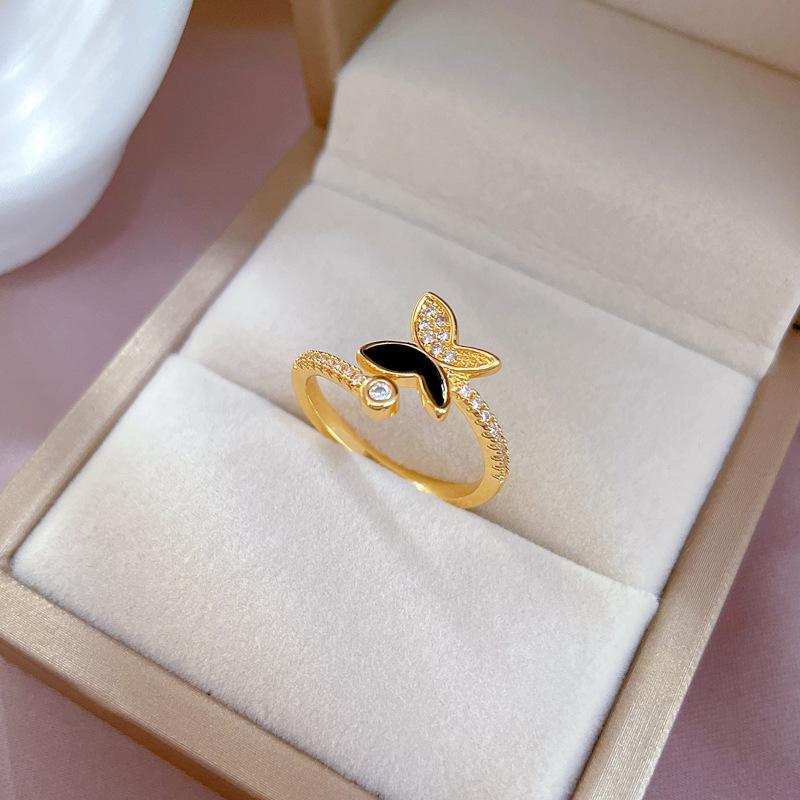 Real Gold Dripping Oil Butterfly Full Diamond Ring Opening Adjustable Simple Jewelry Japanese Ring Couple Ring