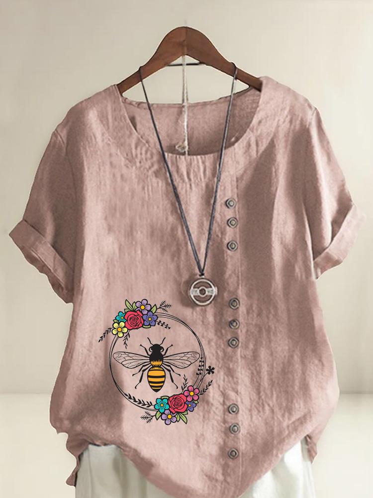 Women's Fashion Bee Flowers Print Shot Sleeve T-shirt Loose Cotton Shirt Casual Loose Summer Blouse Tops Plus Size