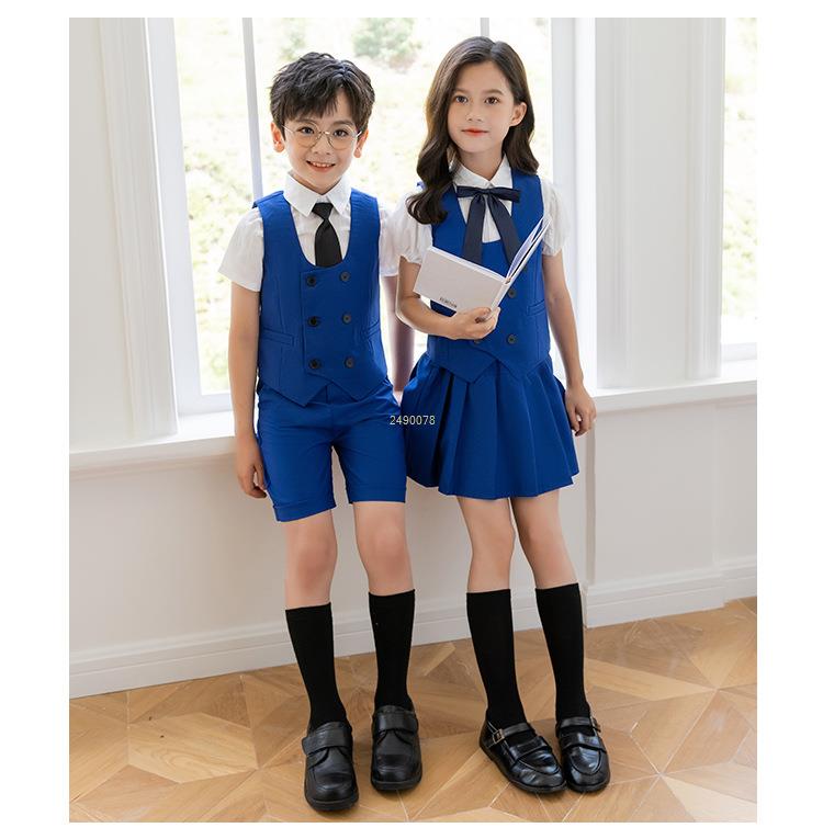 Boys Girls Summer Royal Blue Vest Shorts/Skirt Photograph Dress School Kids Uniforms Children's Day Performance Dance Costume