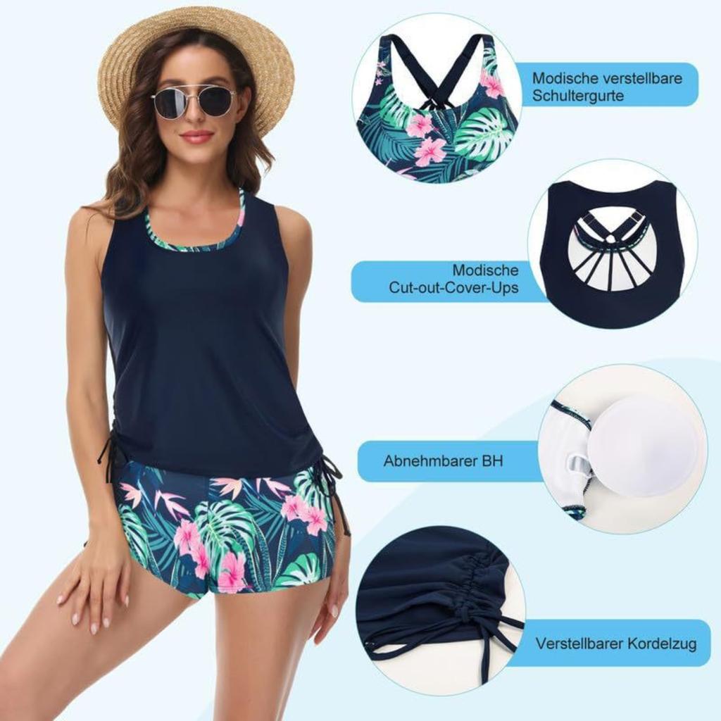 Set da Nuoto da Donna 3 Pezzi con Controllo Pancia, Include Top da Bagno con Reggiseno e Pantaloncini per Adolescenti