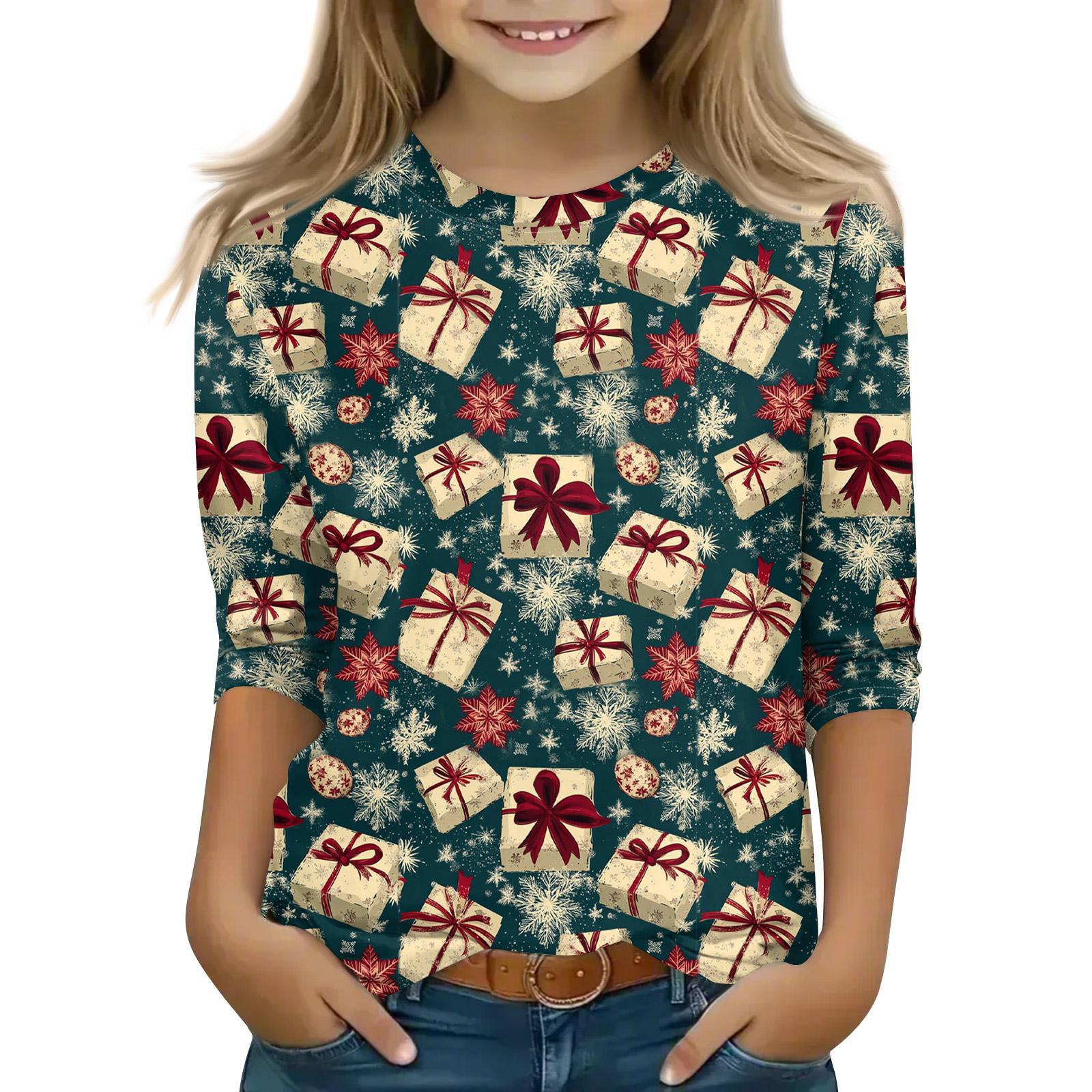 

Рождественские топы с принтом для девочек-подростков 5-16 лет, футболки с круглым вырезом и рукавами 3/4, модные топы, нарядные футболки 120