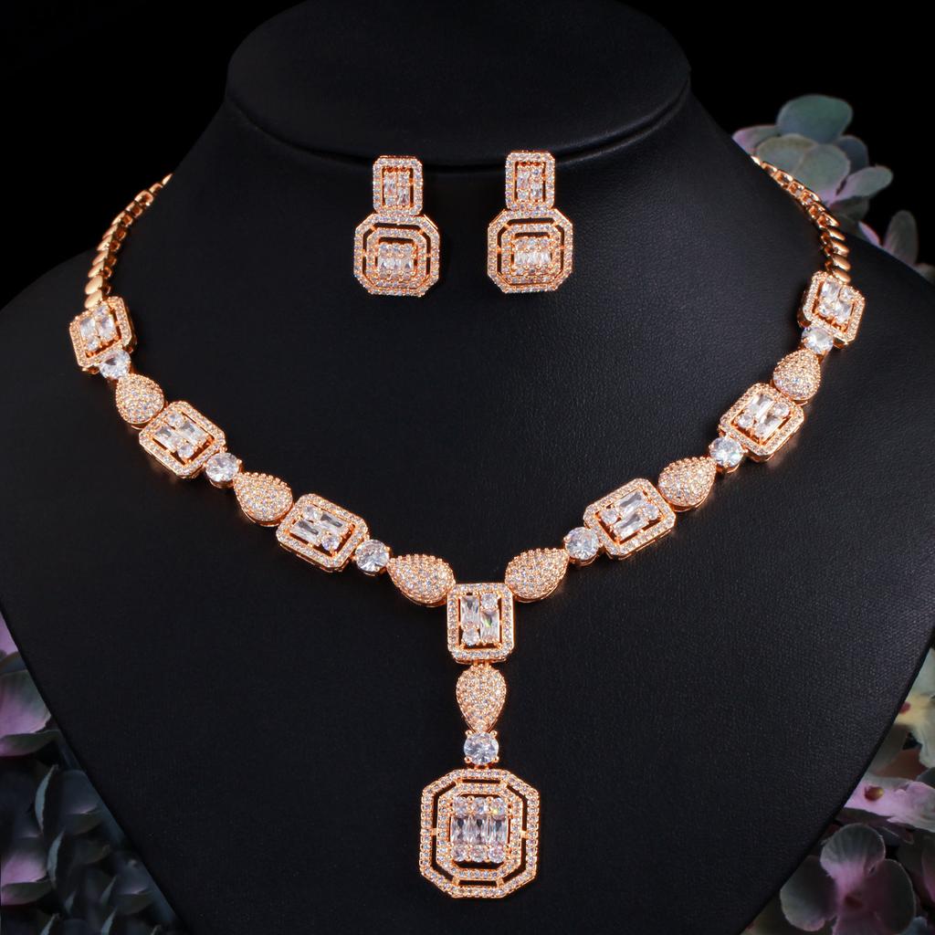 Bridal Wedding Necklace, Earrings, Rings, Bracelets, Zircon Set, Wedding Dress Accessories, Square Zircon Four-Piece Set.