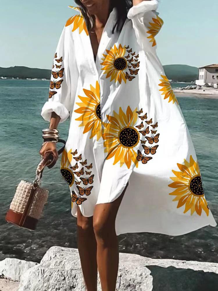 Trendy 3D Floral Print Lapel Long Sleeve Dress