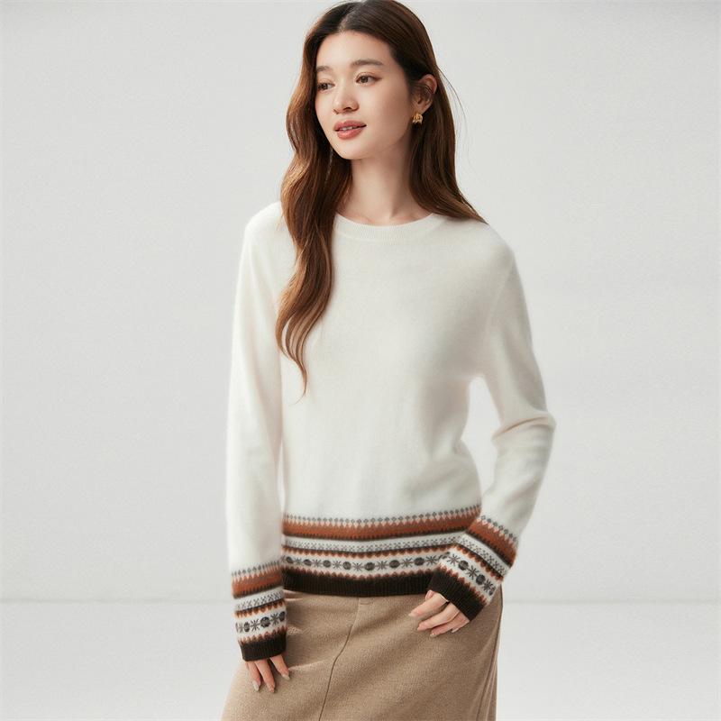 Women's Color Block Fair Isle Cashmere Sweater: Autumn/Winter 2026 Round Neck Versatile Pullover
