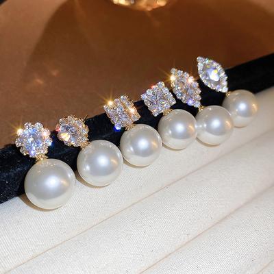 Wind Zircon Round Square Water Drop Imitation Pearl Silver Needle Earrings French Earrings