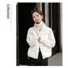 Women Short Cotton Jacket Stand Collar Long Sleeve Solid Color Casual Winter Coat