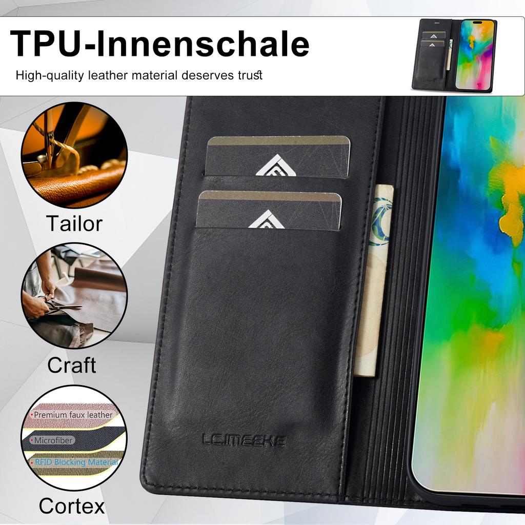 LC.IMEEKE For iPhone 16 Pro Max Leather Case RFID Blocking Card Slots Phone Cover