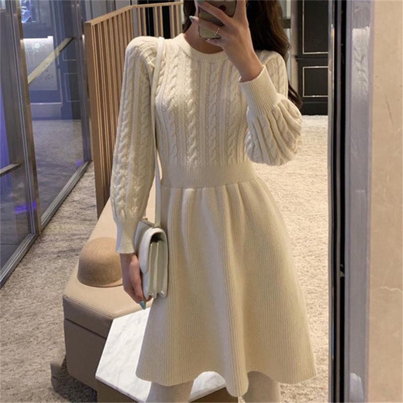Herbst/Winter 2026 Zopfmuster Patchwork Taillenbetontes Kleid - Eleganter & Schlankmachender High-Waist Stil für Damen