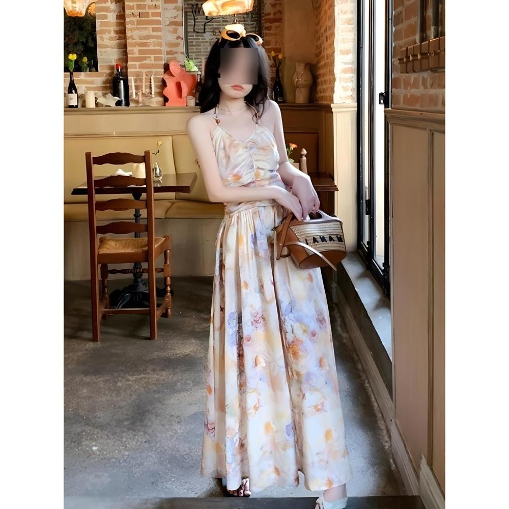 

Ретро масляная живопись цветочный сарафан на бретелях через шею женское летнее отпускное платье темпераментное с открытой спиной и талией длинное платье XL- (recommended 110-60kg)