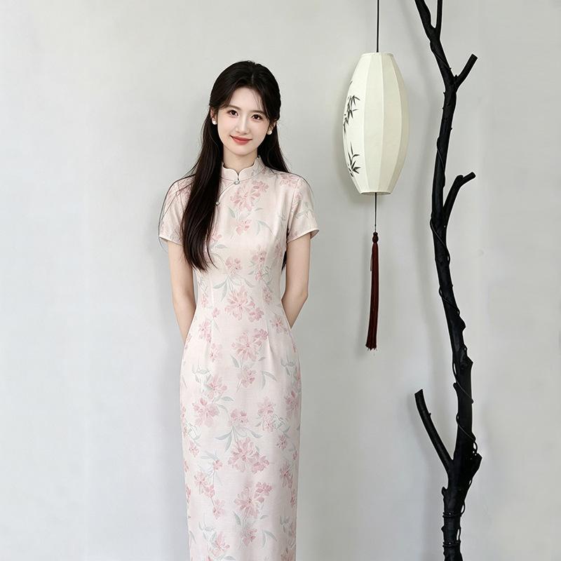 Pink national style new Chinese style Suzhou daily long cheongsam improved young 1011 new women's high sense summer