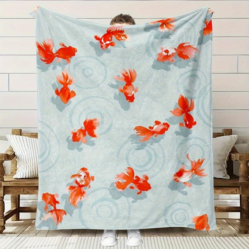 1pc Extra Thick Flannel Blanket - Soft Plush All-Season Throw with Red Koi Fish & Floral pattern in Light Blue, Orange 130x150cm51x59in