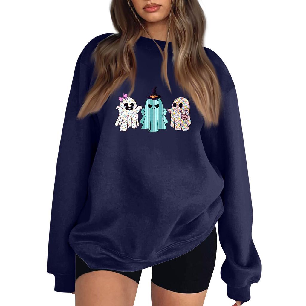 Women's Neck Long Sleeve Loose Fit Casual Sweatshirt Pullover Top with Halloween Print