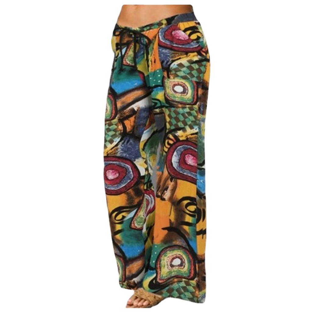 Women Wide Leg Pants Printed Large Flared Pocket Casual Cotton Linen Trousers Loose Fit Breathable Comfortable Bottoms