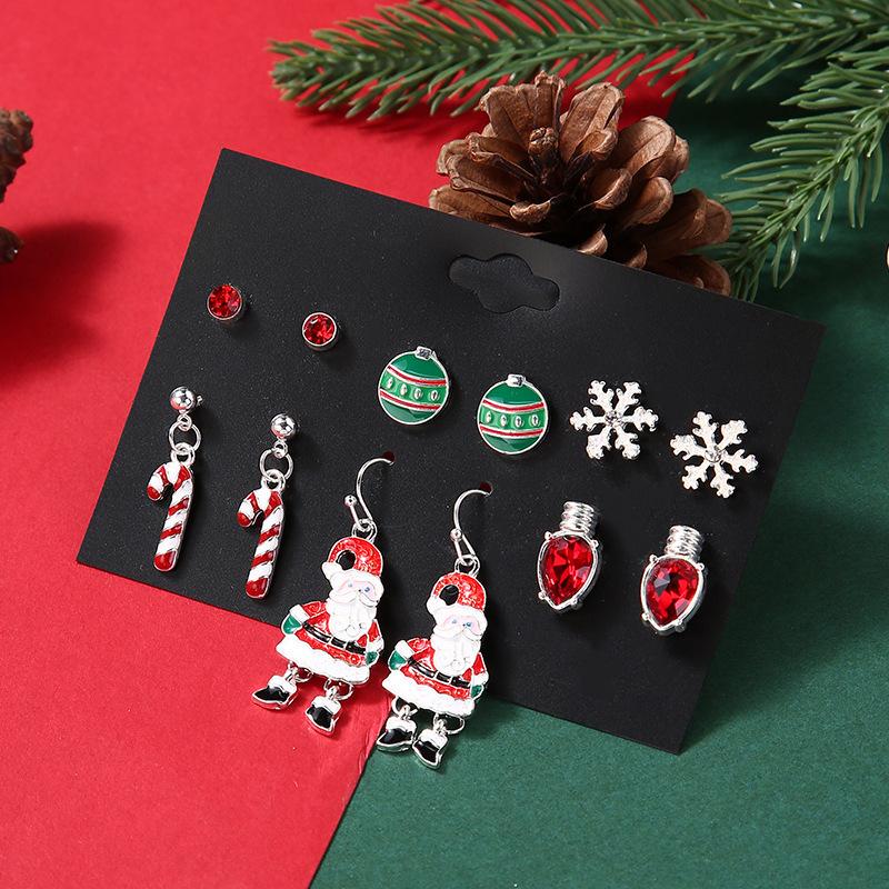 Christmas stud earrings combination new cartoon holiday alloy dripping elk old man bell earrings set