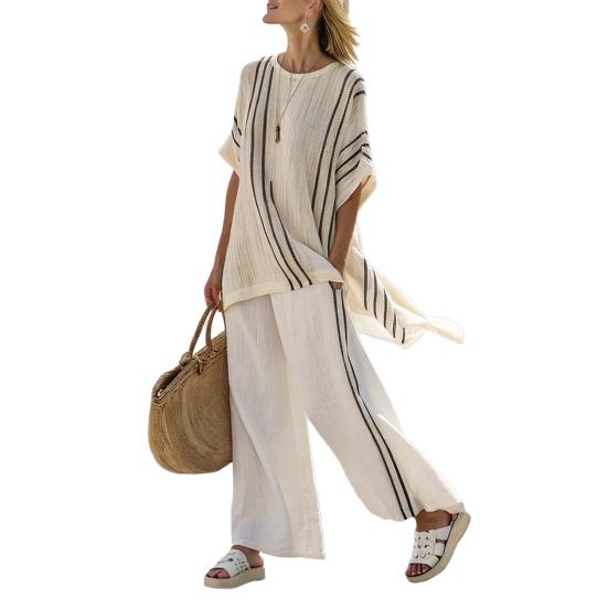 Women's Stripe 2 Piece Outfit Crew Neck Half Sleeve Top And Wide Leg Pants Set Casual Loose Beach Set