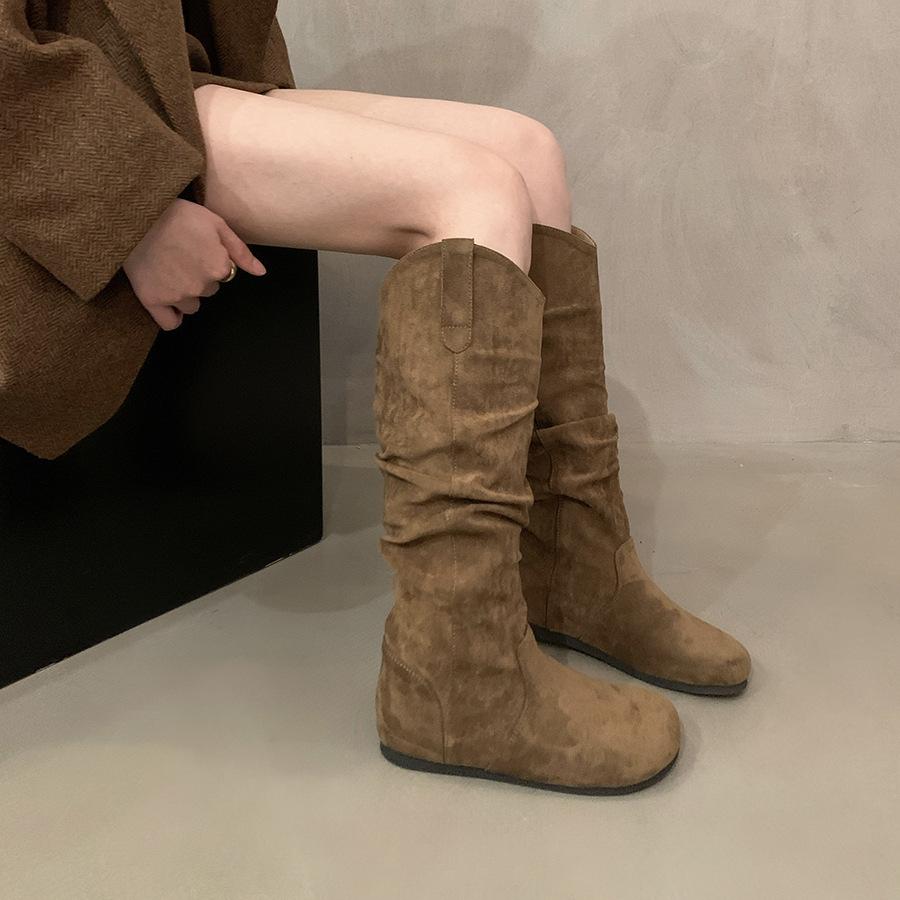 Inner Height Increasing Round Head Suede Stacking Boots Medium Knight Boots Women's 2025 Autumn and Winter Khaki Skinny Boots Long Boots