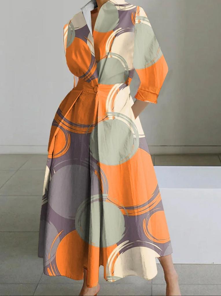 During the Republic of China, Large-size Commuter Fashion POLO Collar Lining Long Short-sleeved Loose Pendulum Dress