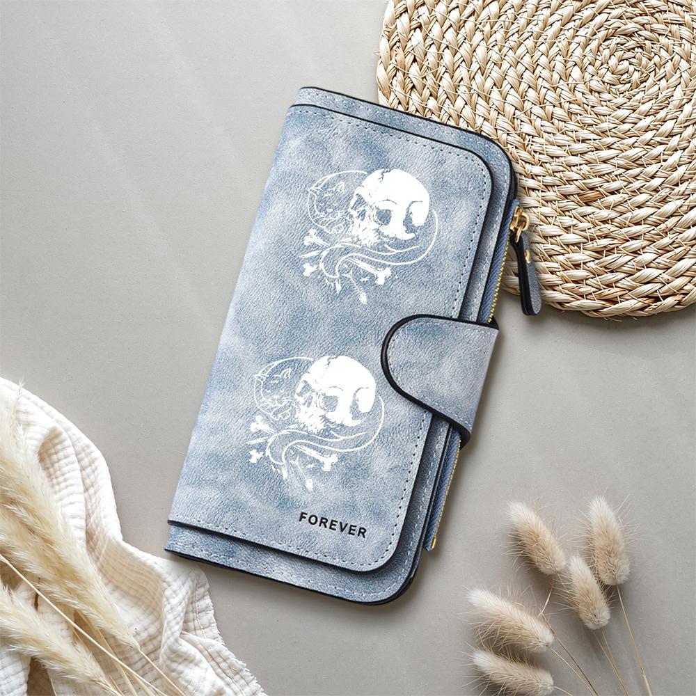 Gothic Skull Cat Print Long Wallet Forever PU Leather Purse Card Holder