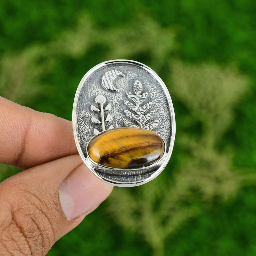 Natural TigerS Eye Gemstone 925 Silver Statement Adjustable Ring For Women