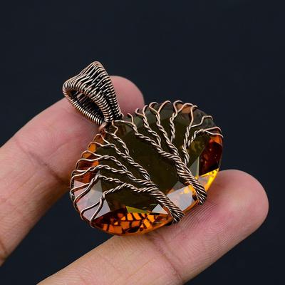 Tree of Life Honey Topaz Gemstone Copper Wire Wrap Pendant Jewelry Gift For Her