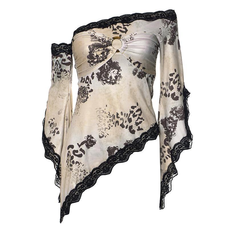 2KWEIRD Y2K Sexy Dantelă Plasă Transparent Tricouri Goth Imprimeu Grafic Mânecă Lungă Tricot Patchwork Topuri Vintage Femei Streetwear de Vară