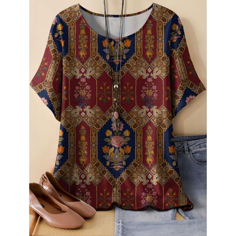 Paisley Pattern Women's 3D Print T-Shirt Ethnic Floral Short Sleeve Round Neck Casual Y2k Top Tees Summer Loose Female Clothing