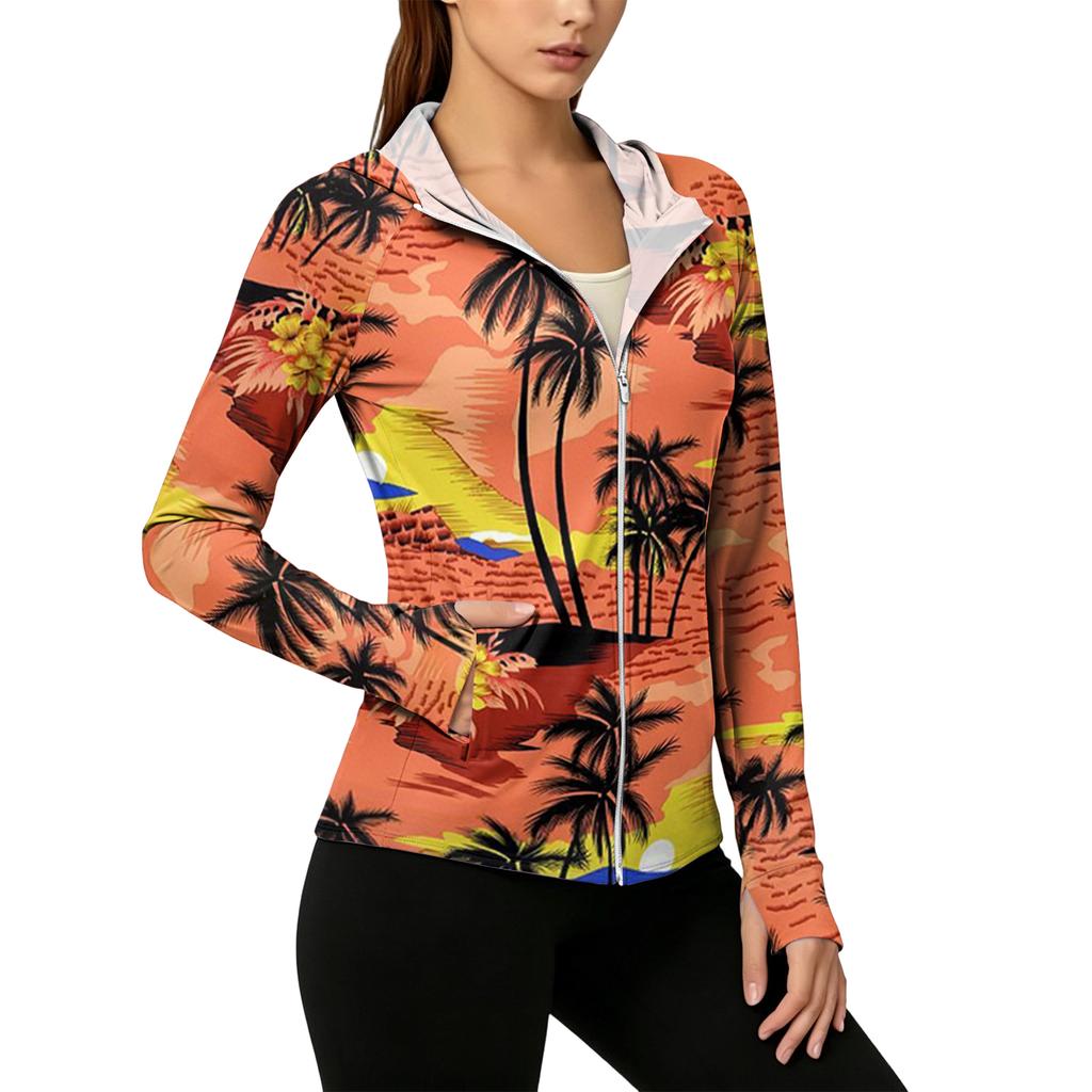 Women’s Zip Up Hooded Sun Jacket with Pockets Long Sleeve Lightweight Outerwear Tropical Print Design