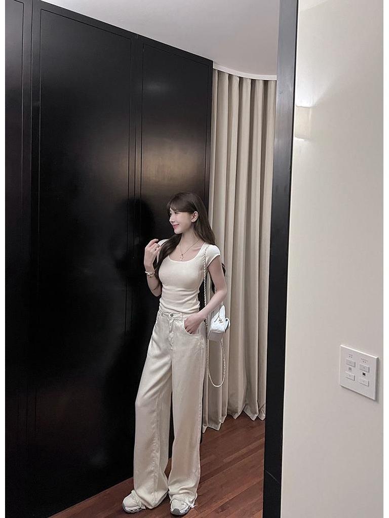 2025 Summer Women's Square Neck Short Sleeve Knit T-Shirt: Spicy Slimming Base Top