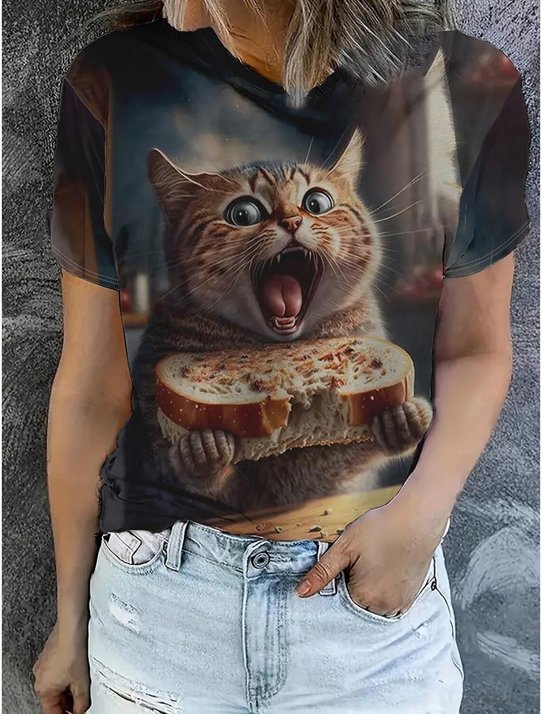 Summer Fashion Women's Animal T Shirt Stylish Kawaii Cat Printed Casual Short Sleeve Crew Neck Tees Round Neck Regular Tops