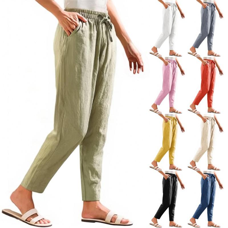 Foreign trade new women's clothing summer pants casual loose drawstring solid color elastic waist cotton and linen women's nine-point pants