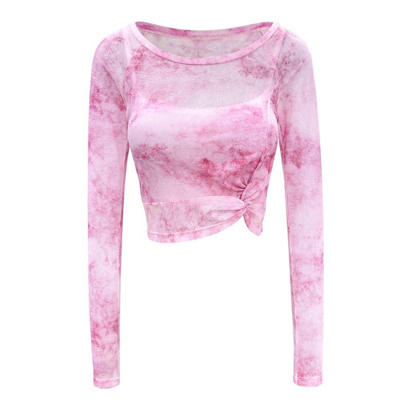 

Export Blooming Mesh Two-Piece Set Sports T-shirt Women s Long Sleeve Fixed Cup Fitness Pilates Yoga Clothing Top Women s Watercolor Pink Long sleeves L